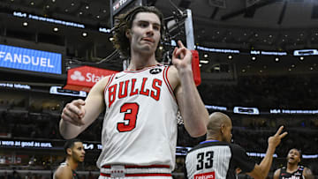 Apr 4, 2025; Chicago, Illinois, USA;  Chicago Bulls guard Josh Giddey (3) after being fouled by the Portland Trail Blazers during the second half at the United Center. Mandatory Credit: Matt Marton-Imagn Images