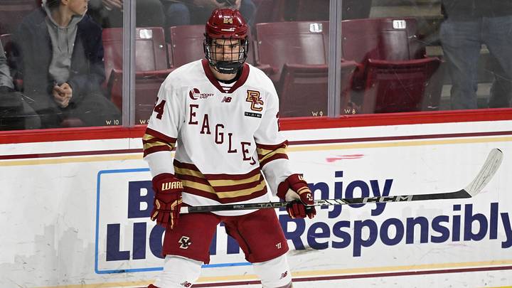 Feb 28, 2025; Chestnut Hill, MA, USA; Boston College forward Andre Gasseau (24) warms up before a game against the University of New Hampshire Wildcats at Conte Forum. Mandatory Credit: Eric Canha-Imagn Images Feb 28, 2025; Chestnut Hill, MA, USA; Boston College forward Andre Gasseau (24) warms up before a game against the University of New Hampshire Wildcats at Conte Forum. Mandatory Credit: Eric Canha-Imagn Images