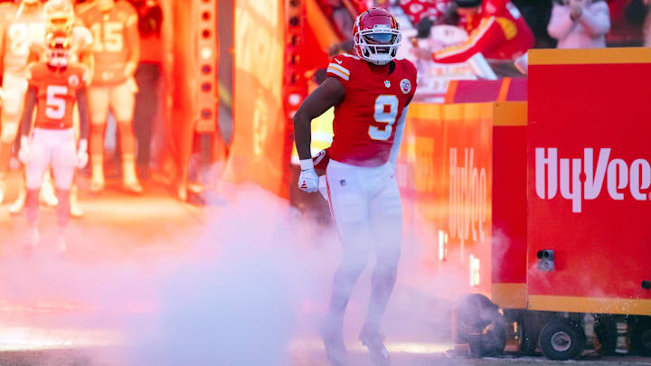 Jan 26, 2025; Kansas City, MO, USA; Kansas City Chiefs wide receiver JuJu Smith-Schuster (9) against the Buffalo Bills in the AFC Championship game at GEHA Field at Arrowhead Stadium. Mandatory Credit: Mark J. Rebilas-Imagn Images