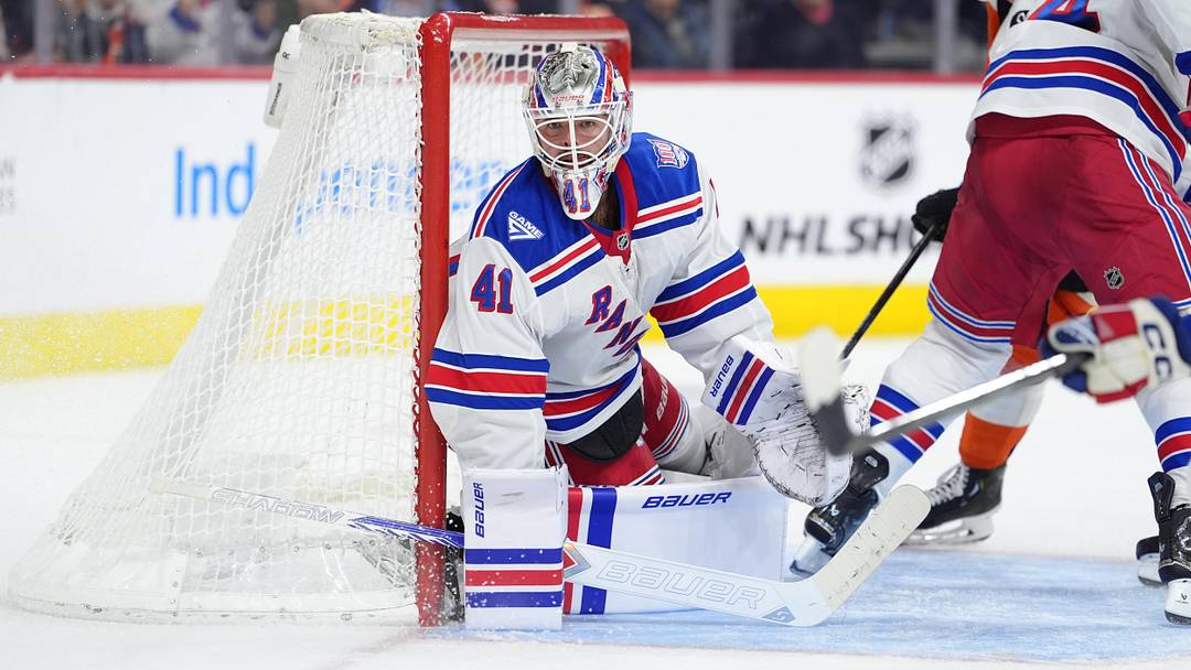 Jan 17, 2026; Philadelphia, Pennsylvania, USA; New York Rangers goalie Spencer Martin (41) in action against the Philadelphia Flyers in the second period at Xfinity Mobile Arena. Mandatory Credit: Kyle Ross-Imagn Images