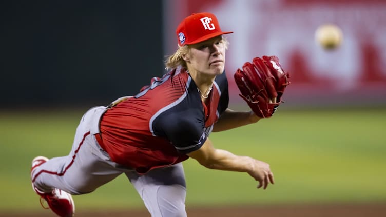 Aug 28, 2022; Phoenix, Arizona, US; West pitcher Zander Mueth (13) during the Perfect Game