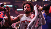 Nov 18, 2025; Atlanta, Georgia, USA; Detroit Pistons guard Cade Cunningham (2) celebrates after a victory over the Atlanta Hawks at State Farm Arena. Mandatory Credit: Brett Davis-Imagn Images