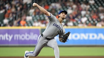 May 14, 2025; Houston, Texas, USA; Kansas City Royals starting pitcher Michael Lorenzen (24) pitches against the Houston Astros in the first inning at  Daikin Park. Mandatory Credit: Thomas Shea-Imagn Images