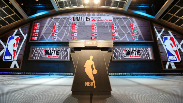 Jun 25, 2015; Brooklyn, NY, USA; General view of the stage before the start of the 2015 NBA Draft at Barclays Center. Mandatory Credit: Brad Penner-USA TODAY Sports