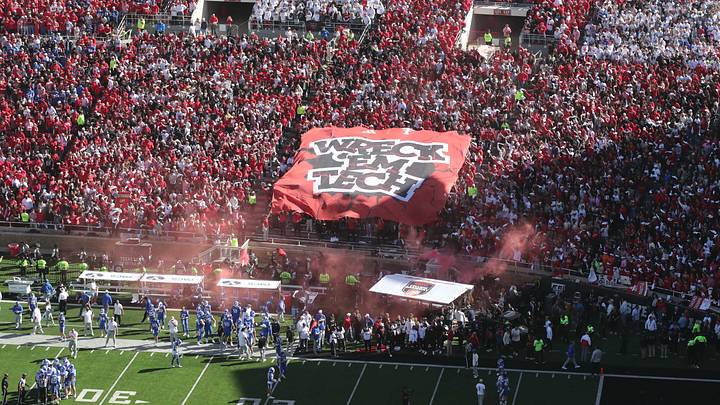 Nov 8, 2025; Lubbock, Texas, USA;  A general view of the student section before the game between the Texas Tech Red Raiders and the Brigham Young Cougars at Jones AT&T Stadium. Mandatory Credit: Michael C. Johnson-Imagn Images