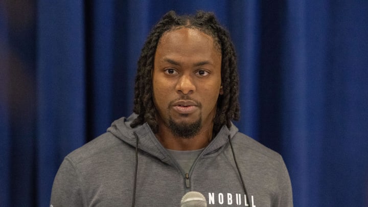 Feb 28, 2024; Indianapolis, IN, USA; Florida State linebacker Kalen Deloach (LB09) talks to the media at the 2024 NFL Combine at Indiana Convention Center. Mandatory Credit: Trevor Ruszkowski-USA TODAY Sports