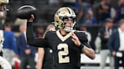 Oct 5, 2025; New Orleans, Louisiana, USA; New Orleans Saints quarterback Spencer Rattler (2) warms up prior to the game against the New York Giants at Caesars Superdome. Mandatory Credit: Matthew Hinton-Imagn Images