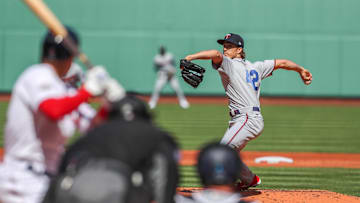 Apr 15, 2022; Boston, Massachusetts, USA; Minnesota Twins starting pitcher Joe Ryan (41) throws a pitch during the first inning against the Boston Red Sox at Fenway Park. Every player is wearing number 42 in honor of Jackie Robinson. Mandatory Credit: Paul Rutherford-Imagn Images