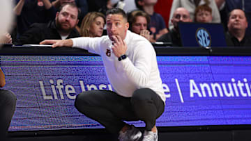 Nov 16, 2025; Birmingham, Alabama, USA; Auburn Tigers head coach Steven Pearl watches nervously during the second half against the Houston Cougars at Legacy Arena at BJCC. Mandatory Credit: David Leong-Imagn Images