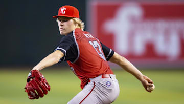 Aug 28, 2022; Phoenix, Arizona, US; West pitcher Zander Mueth (13) during the Perfect Game All-American Classic high school baseball game at Chase Field. Mandatory Credit: Mark J. Rebilas-Imagn Images