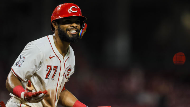 Jul 9, 2024; Cincinnati, Ohio, USA; Cincinnati Reds outfielder Rece Hinds (77) reacts after hitting a solo home run in the seventh inning against the Colorado Rockies at Great American Ball Park. Mandatory Credit: Katie Stratman-USA TODAY Sports