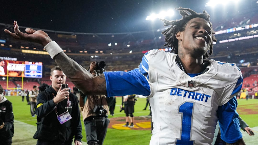 Detroit Lions wide receiver Jameson Williams (1) waves at fans as he exits the field after 44-22 win over Washington Commanders at Northwest Stadium in Landover, Md. on Sunday, November 9, 2025.