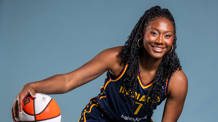 Indiana Fever forward Aliyah Boston (7) poses for a photo Wednesday, April 22, 2026, during media day at Gainbridge Fieldhouse in Indianapolis.