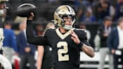 Oct 5, 2025; New Orleans, Louisiana, USA; New Orleans Saints quarterback Spencer Rattler (2) warms up prior to the game against the New York Giants at Caesars Superdome. Mandatory Credit: Matthew Hinton-Imagn Images