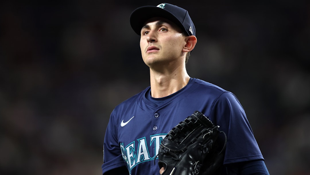 Sep 20, 2024; Arlington, Texas, USA; Seattle Mariners pitcher George Kirby (68) walks off the field after the second inning against the Texas Rangers at Globe Life Field