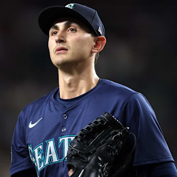 Sep 20, 2024; Arlington, Texas, USA; Seattle Mariners pitcher George Kirby (68) walks off the field after the second inning against the Texas Rangers at Globe Life Field