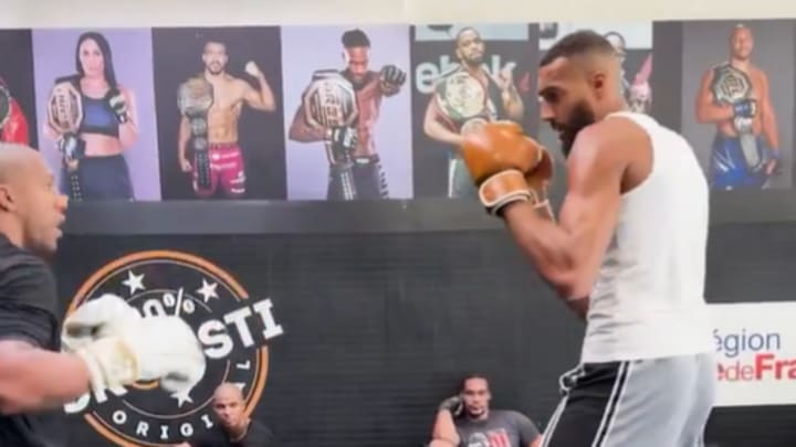 Rudy Gobert (right) sparring Cyril Gane (left) / @mmafactory_fr (X)