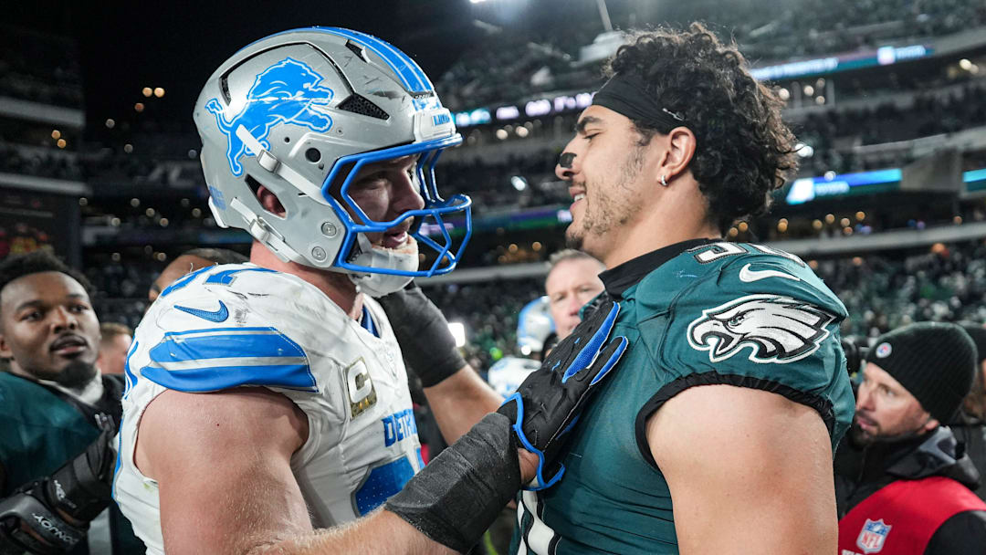 Detroit Lions defensive end Aidan Hutchinson talks to Philadelphia Eagles outside linebacker Jaelan Phillips after the Lions lost 16-9 at Lincoln Financial Field in Philadelphia on Sunday, November 16, 2025.