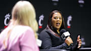 Oct 22, 2024; Kansas City, MO, USA; Cincinnati Bearcats head coach Katrina Merriweather talks to media during Big 12 Women’s Basketball Media Day at T-Mobile Center. Mandatory Credit: Jay Biggerstaff-Imagn Images