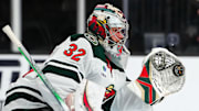 Apr 29, 2025; Las Vegas, Nevada, USA; Minnesota Wild goaltender Filip Gustavsson (32) warms up before the start of game five of the first round of the 2025 Stanley Cup Playoffs against the Vegas Golden Knights at T-Mobile Arena. Mandatory Credit: Stephen R. Sylvanie-Imagn Images