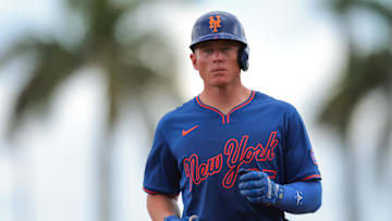 Feb 23, 2025; West Palm Beach, Florida, USA; New York Mets catcher Jakson Reetz (85) reaches third base against the Washington Nationals during the third inning at CACTI Park of the Palm Beaches. Mandatory Credit: Sam Navarro-Imagn Images