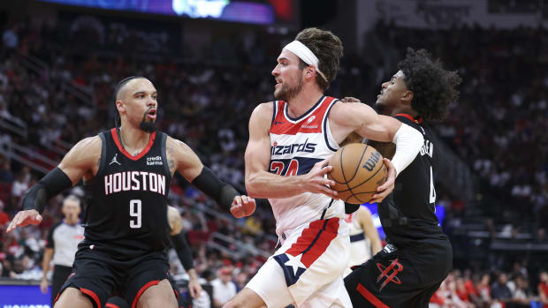 Mar 14, 2024; Houston, Texas, USA; Washington Wizards forward Corey Kispert (24) drives