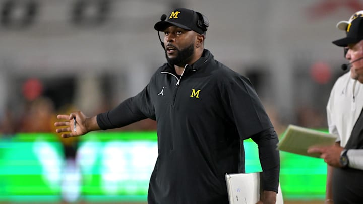 Oct 11, 2025; Los Angeles, California, USA; Michigan Wolverines head coach Sherrone Moore in the second half against the USC Trojans at United Airlines Field at the Los Angeles Memorial Coliseum. Mandatory Credit: Jayne Kamin-Oncea-Imagn Images