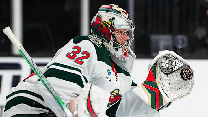 Apr 29, 2025; Las Vegas, Nevada, USA; Minnesota Wild goaltender Filip Gustavsson (32) warms up before the start of game five of the first round of the 2025 Stanley Cup Playoffs against the Vegas Golden Knights at T-Mobile Arena. Mandatory Credit: Stephen R. Sylvanie-Imagn Images