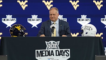 Jul 9, 2025; Frisco, TX, USA; West Virginia head coach Rich Rodriguez speaks with the media during 2025 Big 12 Football Media Days at The Star. Mandatory Credit: Raymond Carlin III-Imagn Images