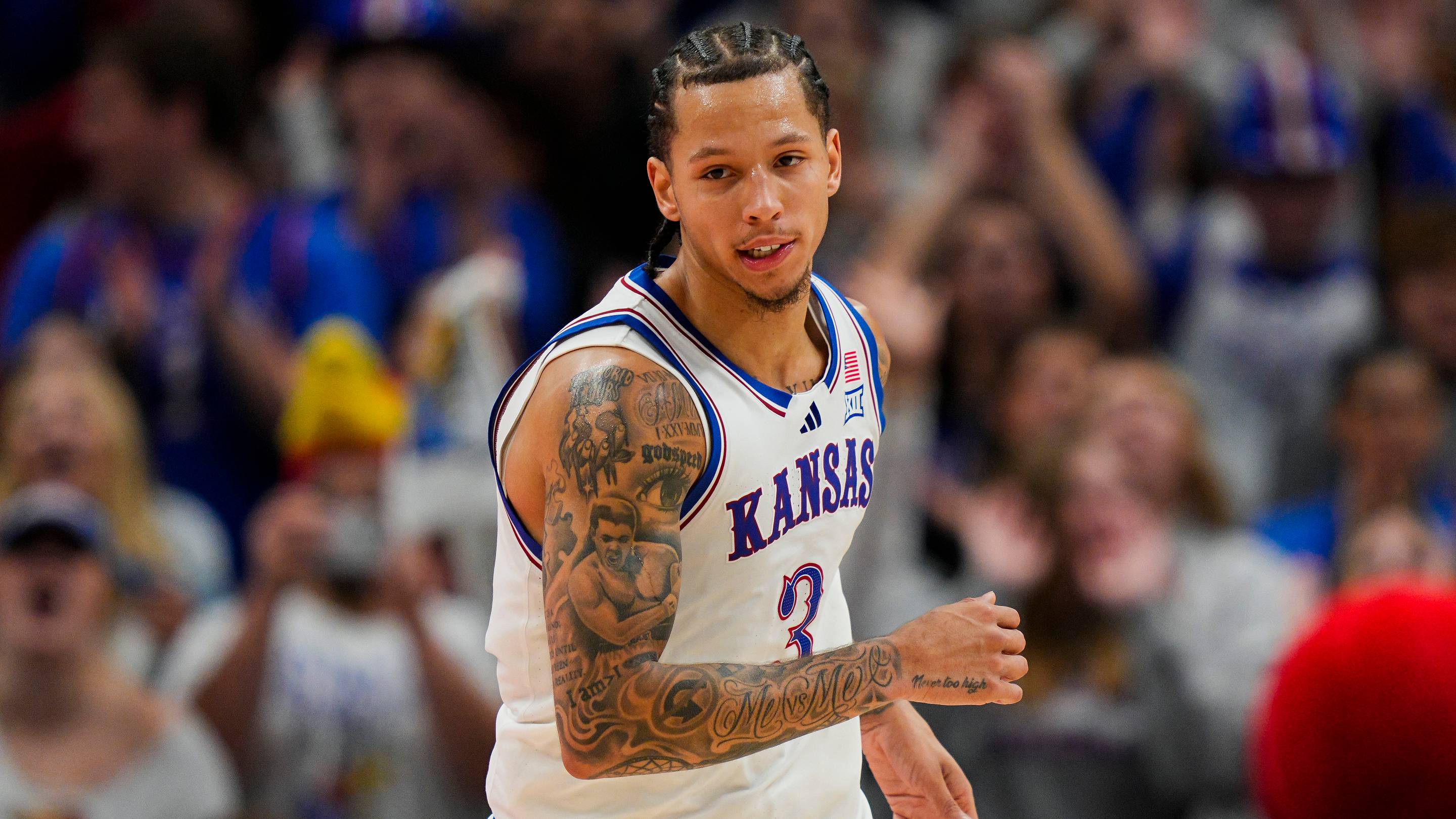Dec 7, 2025; Kansas City, Missouri, USA; Kansas Jayhawks guard Tre White (3) reacts during the second half against the Missouri Tigers at T-Mobile Center. Mandatory Credit: Jay Biggerstaff-Imagn Images | IMAGN IMAGES via Reuters Connect