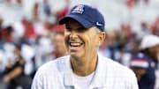 Nov 8, 2025; Tucson, Arizona, USA; Arizona Wildcats head coach Brent Brennan against the Kansas Jayhawks in the second half at Arizona Stadium. Mandatory Credit: Mark J. Rebilas-Imagn Images