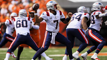 Sep 8, 2024; Cincinnati, Ohio, USA; New England Patriots quarterback Jacoby Brissett (7) throws a pass against the Cincinnati Bengals in the second half at Paycor Stadium.