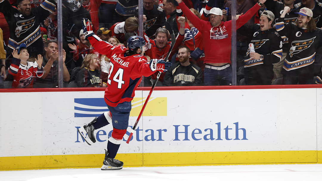 Apr 12, 2026; Washington, District of Columbia, USA; Washington Capitals left wing Connor McMichael (24) celebrates after scoring a goal against the Pittsburgh Penguins during the third period at Capital One Arena. Mandatory Credit: Geoff Burke-Imagn Images