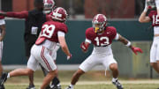 Mar 21, 2024; Tuscaloosa, Alabama, USA; Defensive back Malachi Moore (13) works against defensive back Peyton Yates during practice at the University Alabama Thursday.