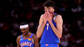 Apr 4, 2025; Houston, Texas, USA; Oklahoma City Thunder forward Chet Holmgren (7) and guard Shai Gilgeous-Alexander (2) during a timeout against the Houston Rockets during the third quarter at Toyota Center. Mandatory Credit: Erik Williams-Imagn Images