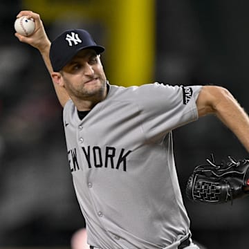 Aug 4, 2025; Arlington, Texas, USA; New York Yankees relief pitcher Jake Bird (59) in action during the game between the Texas Rangers and the New York Yankees at Globe Life Field. Mandatory Credit: Jerome Miron-Imagn Images