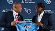 Warren Moon and Cam Ward at Ward's introductory press conference as a member of the Tennessee Titans.