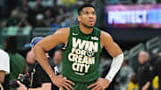 Apr 27, 2025; Milwaukee, Wisconsin, USA; Milwaukee Bucks forward Giannis Antetokounmpo (34) gets ready to play Indiana Pacers during game four of first round for the 2024 NBA Playoffs at Fiserv Forum. Mandatory Credit: Benny Sieu-Imagn Images