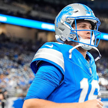 Detroit Lions quarterback Jared Goff (16) takes the field for warm up before a preseason game against Pittsburgh Steelers at Ford Field in Detroit on Saturday, August 24, 2024.