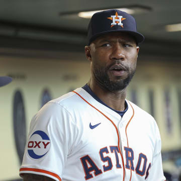 Aug 31, 2024; Houston, Texas, USA; Houston Astros outfielder Jason Heyward in the dugout.