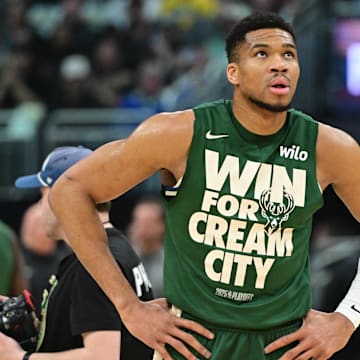 Milwaukee Bucks forward Antetokounmpo gets ready to play Indiana Pacers during the NBA playoffs at Fiserv Forum. 