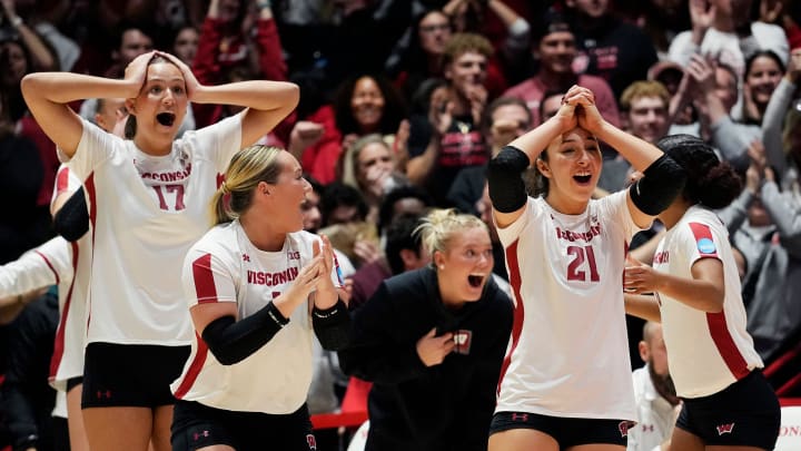 Wisconsin celebrates the save during the third set of the NCAA Regional Volleyball Finals match against Oregon on Saturday December 9, 2023, at the UW Field House in Madison, Wis.