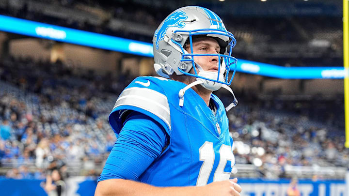 Detroit Lions quarterback Jared Goff (16) takes the field for warm up before a preseason game against Pittsburgh Steelers at Ford Field in Detroit on Saturday, August 24, 2024.