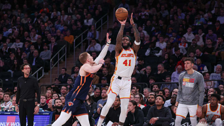 Mar 5, 2024; New York, New York, USA; Atlanta Hawks forward Saddiq Bey (41) shoots against New York Knicks guard Donte DiVincenzo (0) during the first half at Madison Square Garden. Mandatory Credit: Vincent Carchietta-USA TODAY Sports