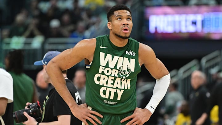 Apr 27, 2025; Milwaukee, Wisconsin, USA; Milwaukee Bucks forward Giannis Antetokounmpo (34) gets ready to play Indiana Pacers during game four of first round for the 2024 NBA Playoffs at Fiserv Forum. Mandatory Credit: Benny Sieu-Imagn Images Apr 27, 2025; Milwaukee, Wisconsin, USA; Milwaukee Bucks forward Giannis Antetokounmpo (34) gets ready to play Indiana Pacers during game four of first round for the 2024 NBA Playoffs at Fiserv Forum. Mandatory Credit: Benny Sieu-Imagn Images