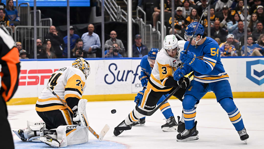 Apr 14, 2026; St. Louis, Missouri, USA; Pittsburgh Penguins goaltender Stuart Skinner (74) and defenseman Jack St. Ivany (3) defend the net against St. Louis Blues right wing Dalibor Dvorsky (54) during the second period at Enterprise Center. Mandatory Credit: Connor Hamilton-Imagn Images Apr 14, 2026; St. Louis, Missouri, USA; Pittsburgh Penguins goaltender Stuart Skinner (74) and defenseman Jack St. Ivany (3) defend the net against St. Louis Blues right wing Dalibor Dvorsky (54) during the second period at Enterprise Center. Mandatory Credit: Connor Hamilton-Imagn Images