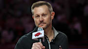 Arkansas Razorbacks new coach Ryan Silverfield speaks to the crowd during halftime against the Louisville Cardinals at Bud Walton Arena.