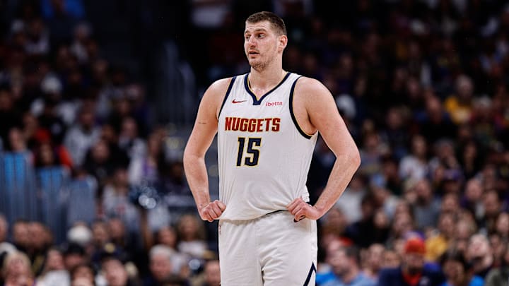 Feb 28, 2024; Denver, Colorado, USA; Denver Nuggets center Nikola Jokic (15) in the second quarter against the Sacramento Kings at Ball Arena. Mandatory Credit: Isaiah J. Downing-Imagn Images