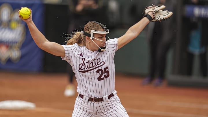 May 7, 2025; Athens, GA, USA; Mississippi St. starting pitcher/relief pitcher Raelin Chaffin (25) pitches against LSU during the first inning at Jack Turner Stadium. Mandatory Credit: Dale Zanine-Imagn Images