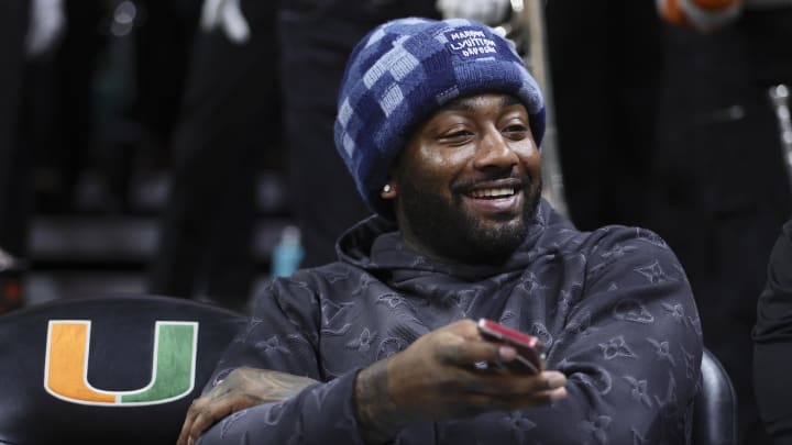 Jan 27, 2024; Coral Gables, Florida, USA; American professional basketball player John Wall attends the game between the Pittsburgh Panthers and the Miami Hurricanes at Watsco Center. Mandatory Credit: Sam Navarro-USA TODAY Sports